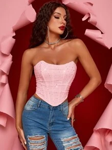 Apperloth A Y2K闪亮亮片网纱荷叶边钢圈弧形下摆系带露背抹胸短款上衣，性感音乐节情人节夏季装扮 - 淺粉色 - 查看 6