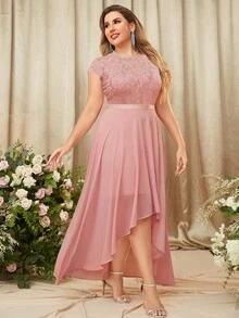 MIUSOL Plus Contrast Lace High Low Hem Chiffon Formal Dress - Baby Pink - View 5