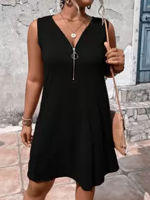 EMERY ROSE Plus Half Zip Tank Dress - Black - View 4