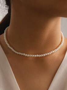 Faux Pearl Beaded Choker - White - View 1