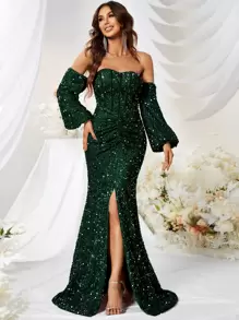 YISIKADO Đầm ghép mộng kim sa Dây kéo Tách cao màu trơn Buổi tiệc - Màu xanh lá cây đậm - Xem 2