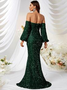 YISIKADO Đầm ghép mộng kim sa Dây kéo Tách cao màu trơn Buổi tiệc - Màu xanh lá cây đậm - Xem 3