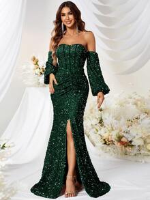 YISIKADO Đầm ghép mộng kim sa Dây kéo Tách cao màu trơn Buổi tiệc - Màu xanh lá cây đậm - Xem 4