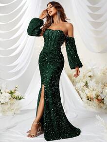 YISIKADO Đầm ghép mộng kim sa Dây kéo Tách cao màu trơn Buổi tiệc - Màu xanh lá cây đậm - Xem 5