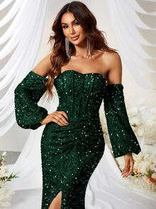 YISIKADO Đầm ghép mộng kim sa Dây kéo Tách cao màu trơn Buổi tiệc - Màu xanh lá cây đậm - Xem 7