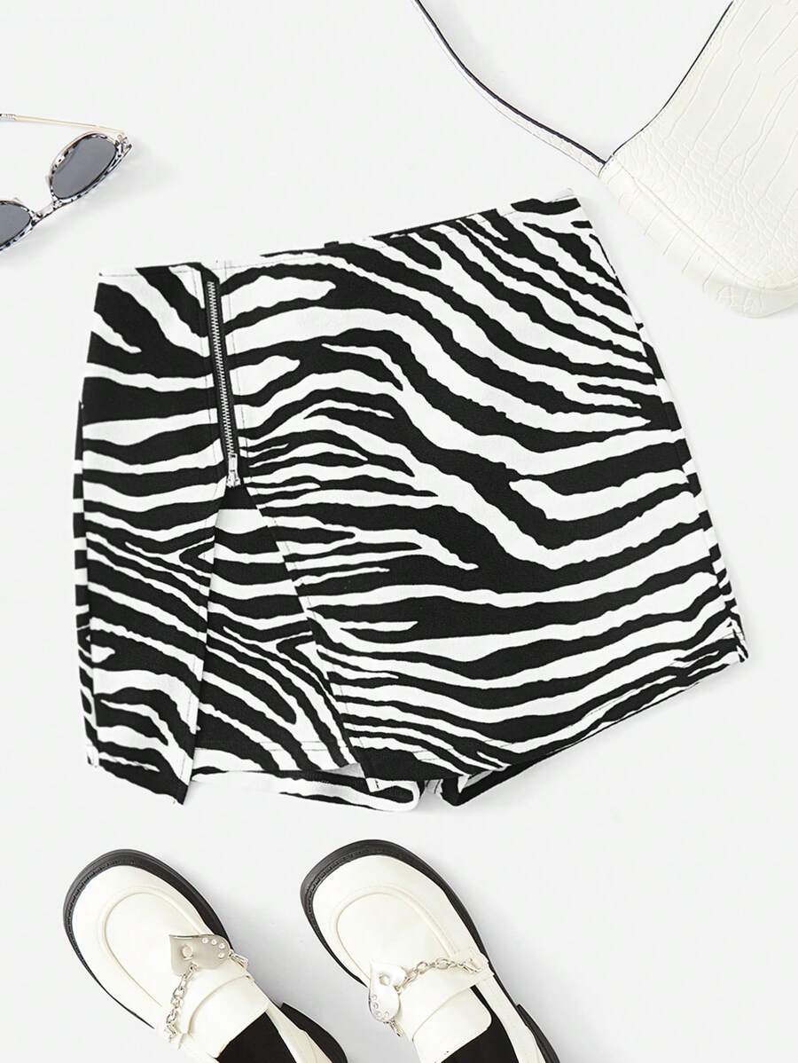 SHEIN EZwear 斑馬條紋拉鏈細節不對稱下擺裙裤 - 黑與白 - 查看 1