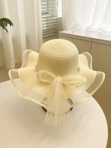 1入組女式人造珍珠和蝴蝶結裝飾波西米亞草帽適合海灘 - 白色 - 查看 2