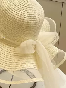 1入組女式人造珍珠和蝴蝶結裝飾波西米亞草帽適合海灘 - 白色 - 查看 3