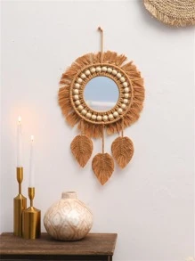 1入組織物掛飾,波西米亞鏡子和珠子裝飾編織流蘇掛飾適用於臥室 - 咖啡棕 - 查看 1