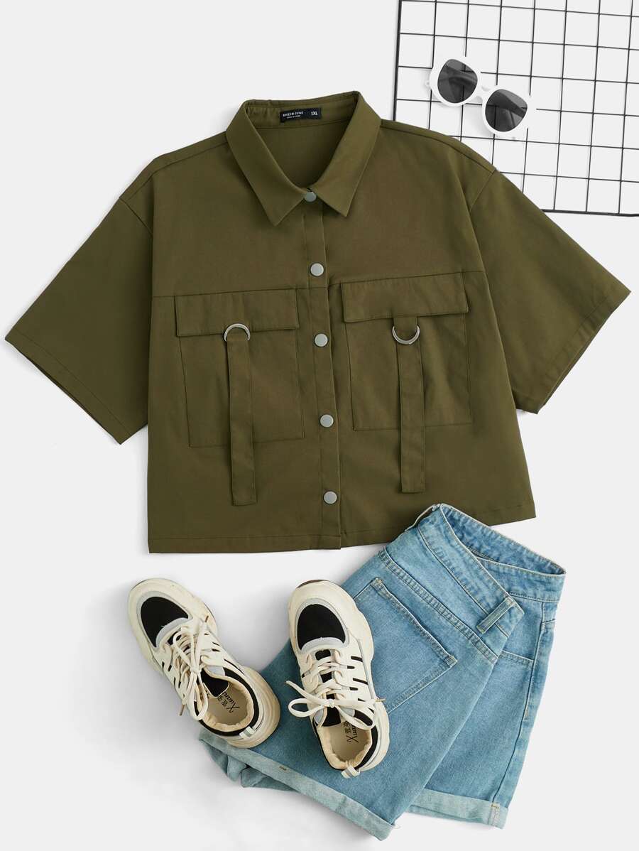 SHEIN EZwear Plus Gorpcore Flap Pocket Button Front Shirt - Army Green - View 1
