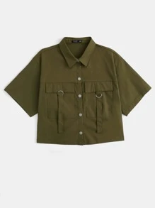 SHEIN EZwear Plus Gorpcore Flap Pocket Button Front Shirt - Army Green - View 3
