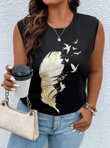 SHEIN LUNE 大碼羽毛印花背心上衣 - 黑色 - 查看 1