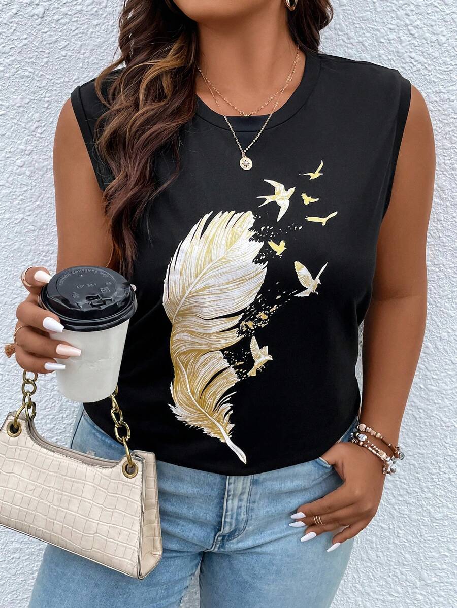 SHEIN LUNE 大碼羽毛印花背心上衣 - 黑色 - 查看 1