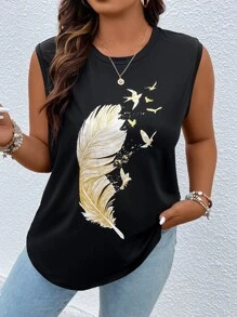 SHEIN LUNE 大碼羽毛印花背心上衣 - 黑色 - 查看 4