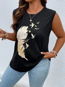 SHEIN LUNE 大碼羽毛印花背心上衣 - 黑色 - 查看 5