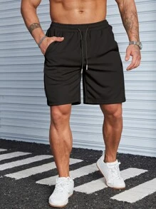 Manfinity Homme 男性字母拼接束腰短褲 - 黑色 - 查看 6