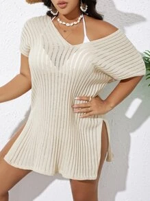 SHEIN Swim Curve Plus Batwing Sleeve Split Thigh Cover Up Dress Without Bikini Set,Summer Beach - Khaki - View 4