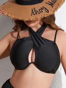 Plus Crisscross Front Halter Underwire Bikini Top - Black - View 3