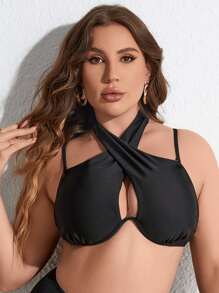 Plus Crisscross Front Halter Underwire Bikini Top - Black - View 4