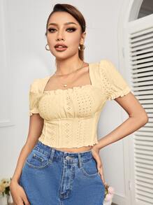 SHEIN PETITE Square Neck Eyelet Embroidery Crop Tee - Yellow - View 3