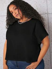 SHEIN CURVE+ Plus Solid Batwing Sleeve Tee - Black - View 2