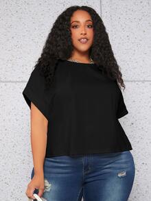 SHEIN CURVE+ Plus Solid Batwing Sleeve Tee - Black - View 4