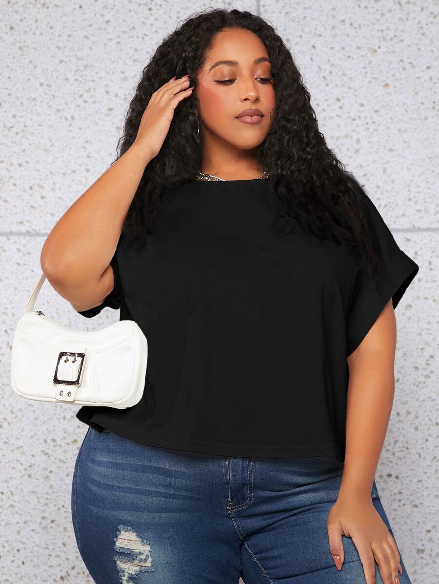 SHEIN CURVE+ Plus Solid Batwing Sleeve Tee - Black - View 1