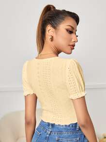 SHEIN PETITE Square Neck Eyelet Embroidery Crop Tee - Yellow - View 2