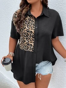 SHEIN LUNE Áo sơ mi Plus Size Nút phía trước In hoa Báo Giải trí - màu đen - Xem 5