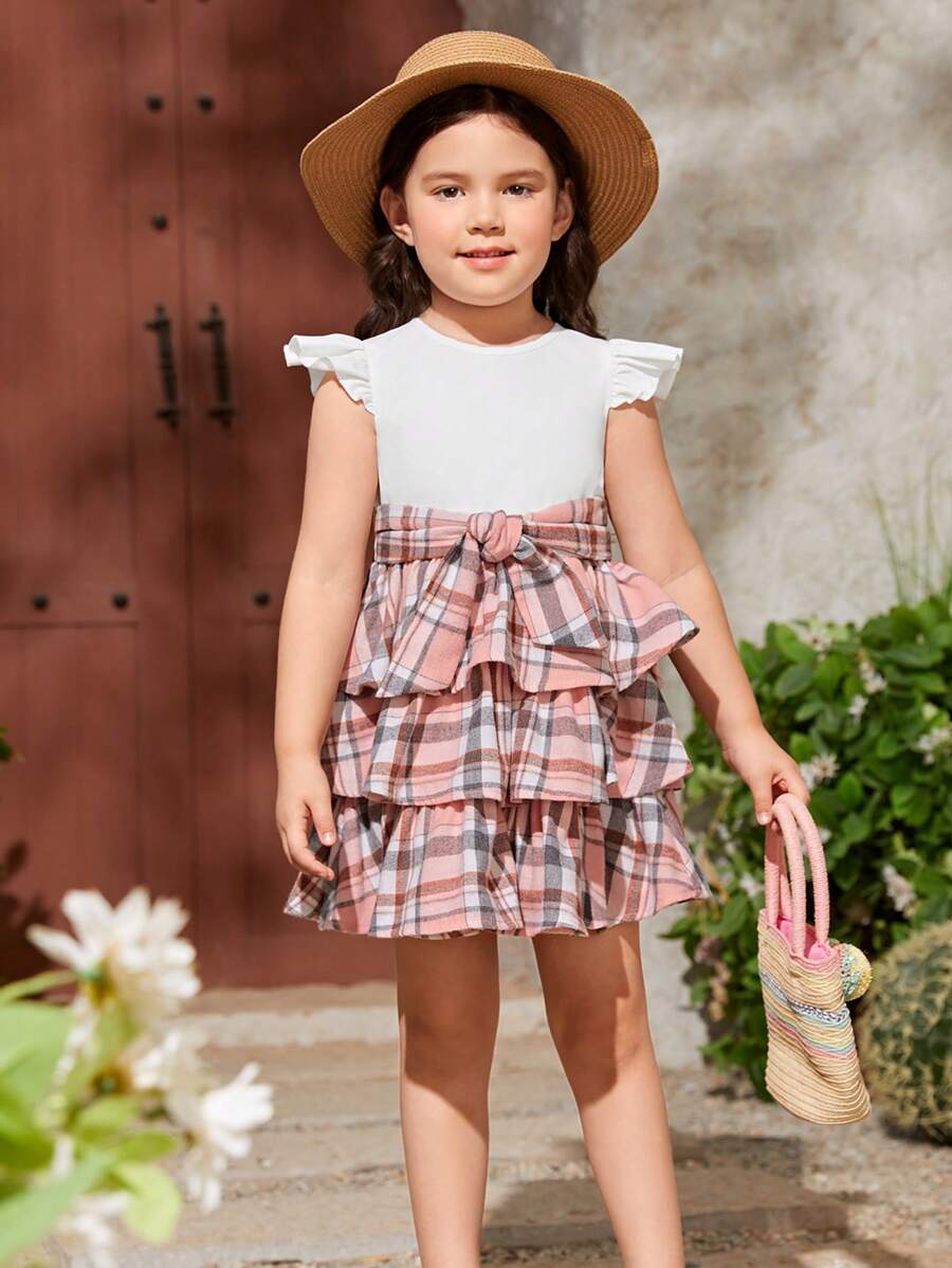 SHEIN Toddler Girls Plaid Print Ruffle Trim Belted Dress - Multicolor - View 1