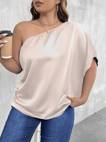 SHEIN LUNE Áo sơ mi Plus Size Bất đối xứng Xù màu trơn Giải trí - Rượu sâm banh - Xem 5