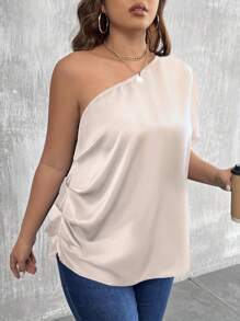 SHEIN LUNE Áo sơ mi Plus Size Bất đối xứng Xù màu trơn Giải trí - Rượu sâm banh - Xem 6