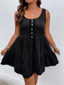 SHEIN LUNE Đầm Plus Size Viên lá sen màu trơn Giải trí - màu đen - Xem 1