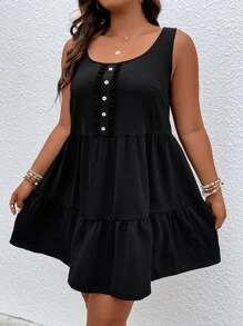 SHEIN LUNE Đầm Plus Size Viên lá sen màu trơn Giải trí - màu đen - Xem 5