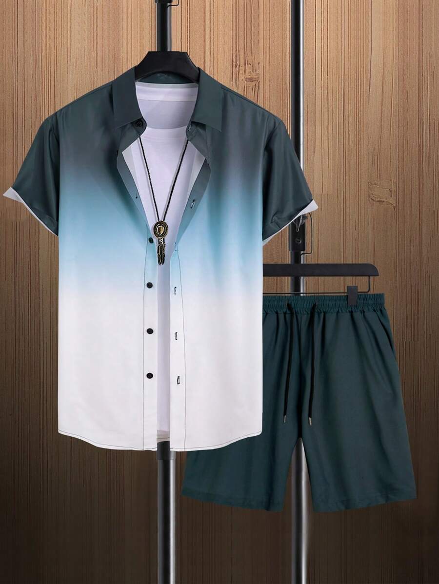 Manfinity RSRT Men Ombre Shirt & Drawstring Waist Shorts Without Tee - Multicolor - View 1
