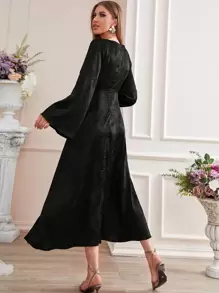 Modelyn Jacquard Trumpet Sleeve Knot Front Dress, Evening Dress