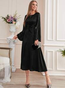 Modelyn Jacquard Trumpet Sleeve Knot Front Dress, Evening Dress