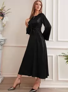 Modelyn Jacquard Trumpet Sleeve Knot Front Dress, Evening Dress