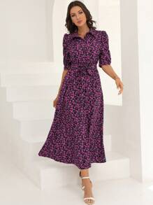 Modelyn 碎花泡泡袖腰帶襯衫洋裝 - 紫色 - 查看 3