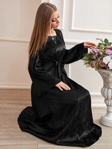 Modelyn Jacquard Trumpet Sleeve Knot Front Dress, Evening Dress