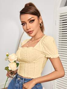 SHEIN PETITE Square Neck Eyelet Embroidery Crop Tee - Yellow - View 5