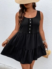 SHEIN LUNE Đầm Plus Size Viên lá sen màu trơn Giải trí - màu đen - Xem 6