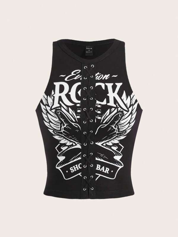 Vecster Artist Dark Wings & Letter Graphic Lace Up Front Tank Top, For Summer, Holiday, Vacation, Beach, Going Out, Festival, Western Wear