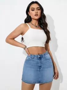 SHEIN Essnce 拉鏈門襟直筒牛仔短裙 - 中等水洗藍 - 查看 5