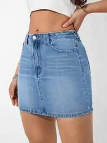 SHEIN Essnce 拉鏈門襟直筒牛仔短裙 - 中等水洗藍 - 查看 4