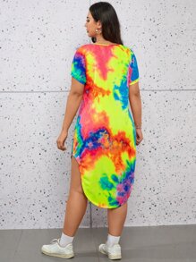 SHEIN Essnce Plus Tie Dye Curved Hem Tee Dress - Multicolor - View 4