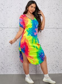 SHEIN Essnce Plus Tie Dye Curved Hem Tee Dress - Multicolor - View 1