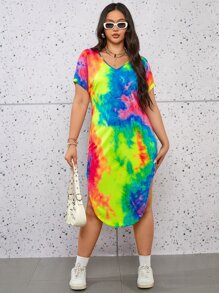 SHEIN Essnce Plus Tie Dye Curved Hem Tee Dress - Multicolor - View 2
