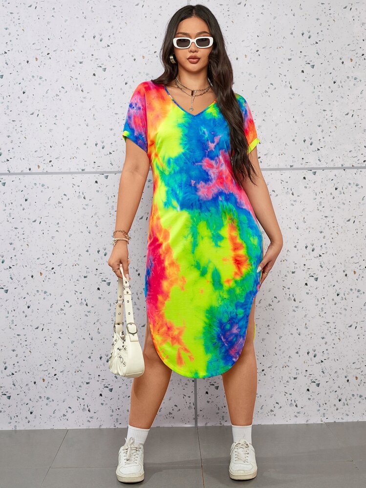 SHEIN Essnce Plus Tie Dye Curved Hem Tee Dress - Multicolor - View 2