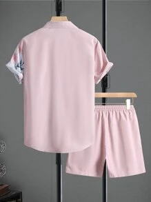 Manfinity RSRT Men Floral Print Shirt & Drawstring Waist Shorts Without Tee, Beach Vacation Clolorful Set - Baby Pink - View 2